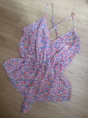 Victoria’s Secret Sheer Lingerie Romper - Floral Lavender Neon Coral Multicolor